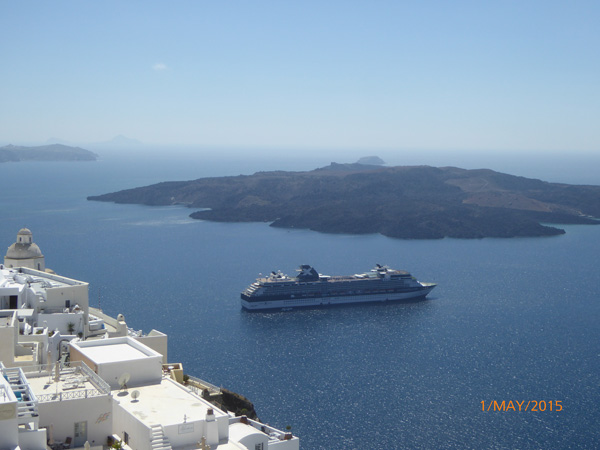 Our ship in harbour in Santorini